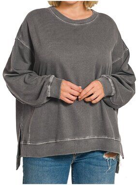 NWT-Women's Plus Size French Terry Pigment Dye Hi-Lo Cotton Pullover, Black